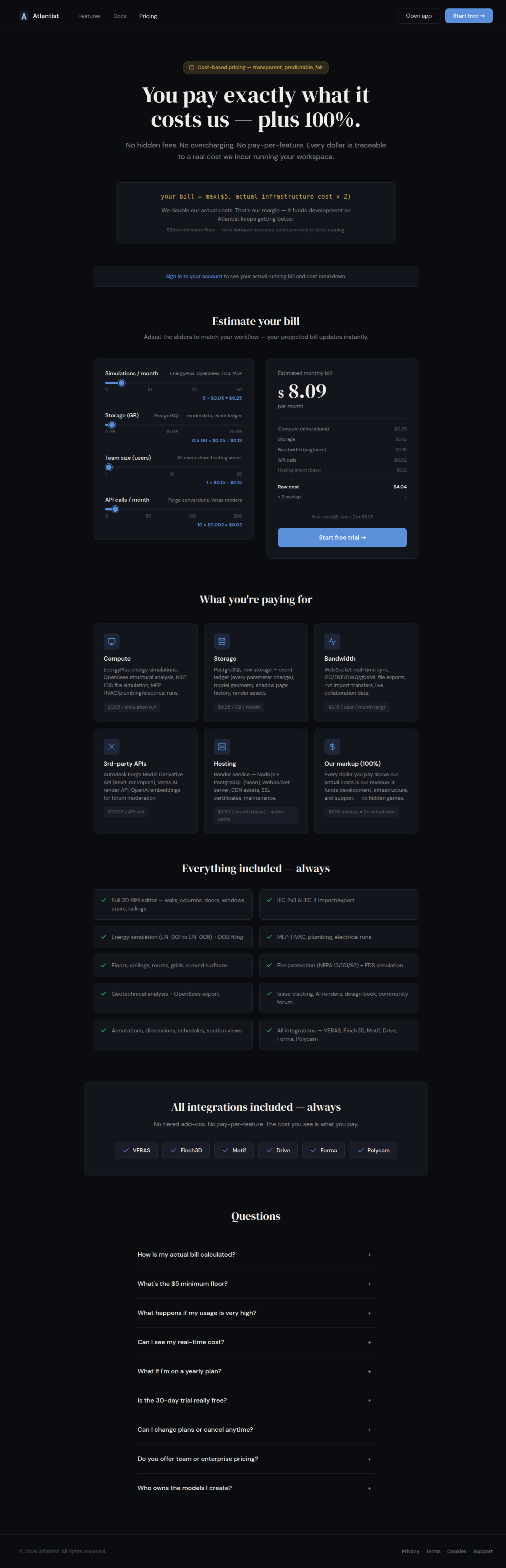 Cost-based pricing page with live calculator