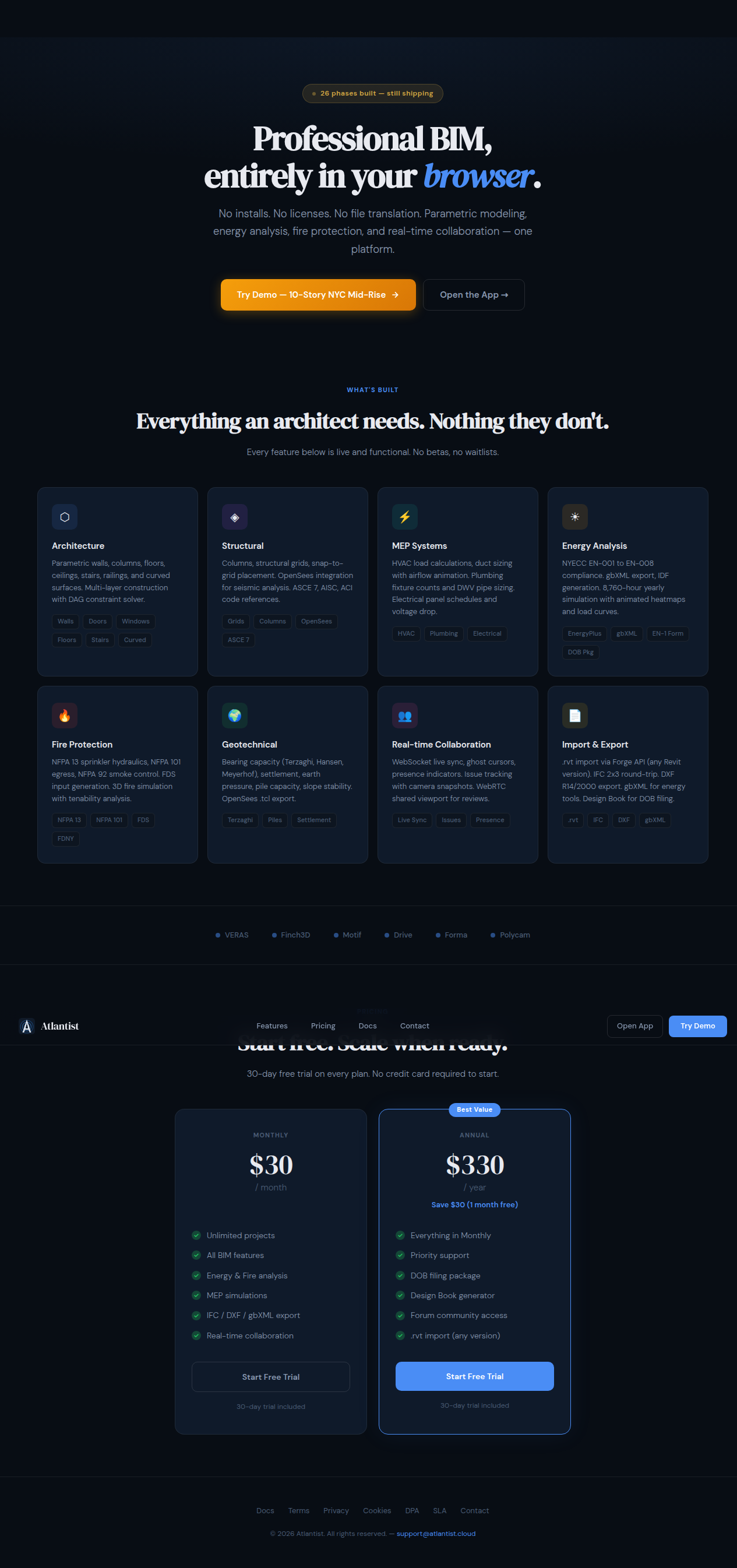 Atlantist landing page — hero, features, pricing